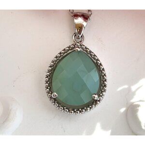 Green Onyx Teardrop Shaped Sterling Silver 925 Vintage Pendant Necklace - 18"